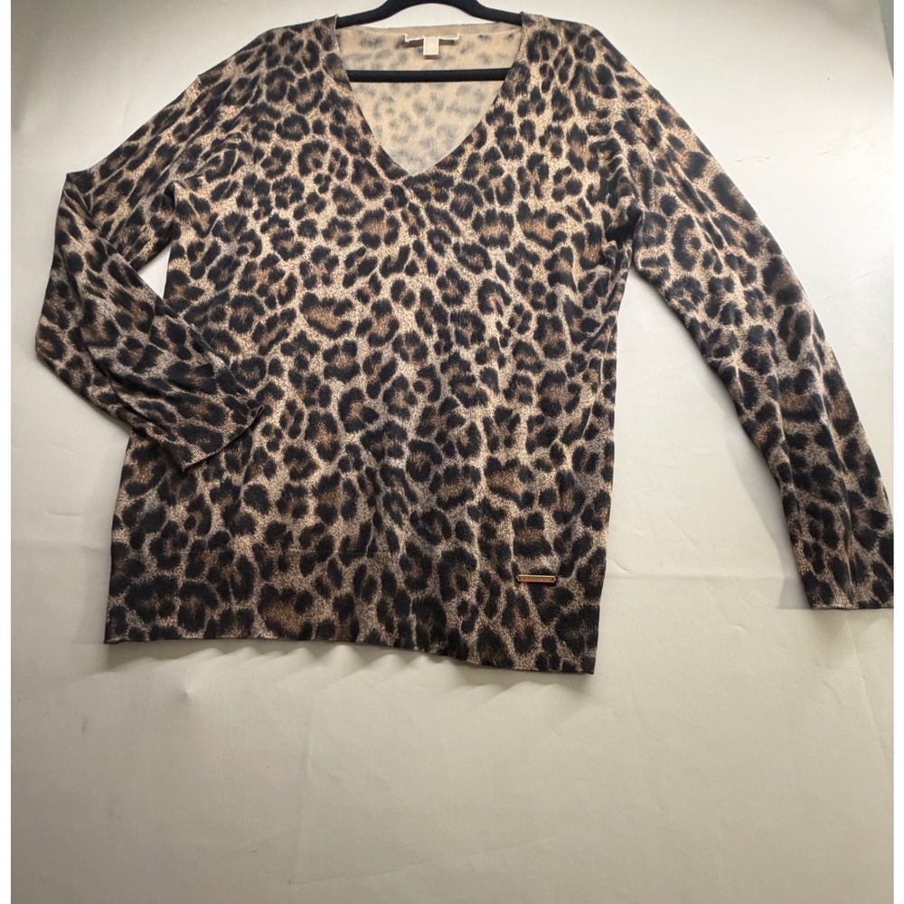 Michael Kors Womens XL Leopard Print V-Neck Long Sleeve Sweater Animal Knit Top